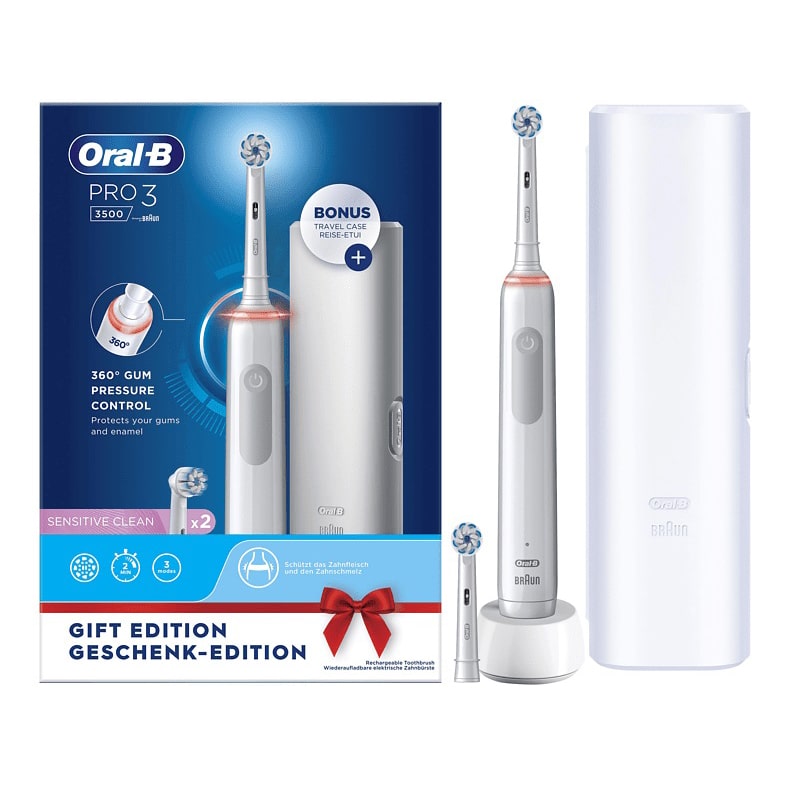 Oral-B by Braun Pro 3 3500 Electric Toothbrush with Smart Pressure Sensor, Travel Case & 2 Sensitive Heads – White Electric Toothbrush  |  Toothbrushes  |