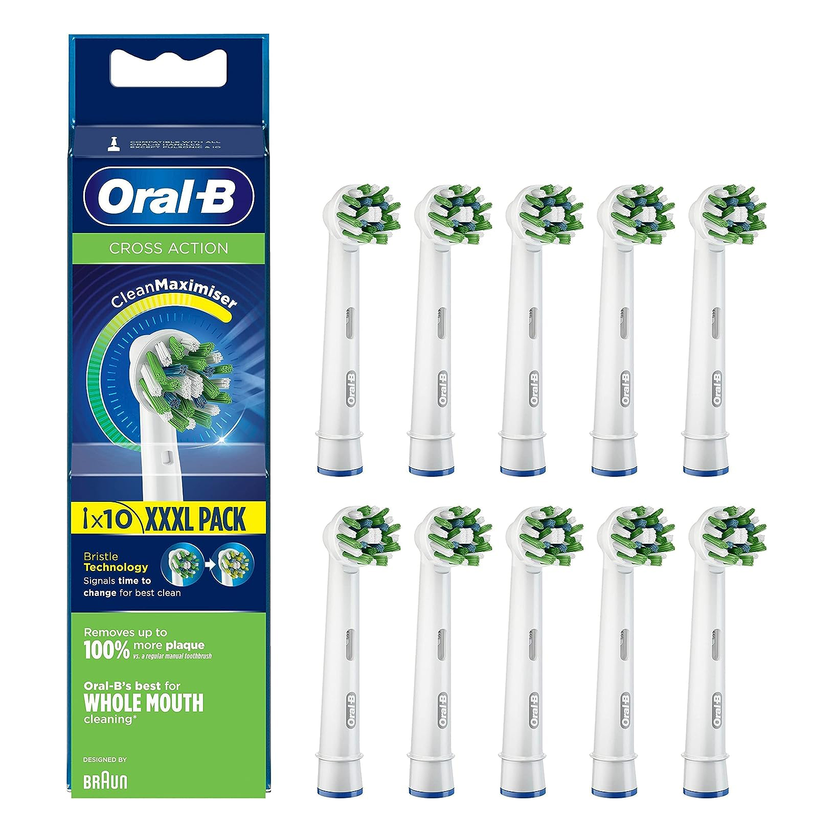 Oral-B CrossAction Electric Toothbrush Heads with CleanMaximiser Technology – White 10 Pack Electric Toothbrush  |  Replacement Heads  |